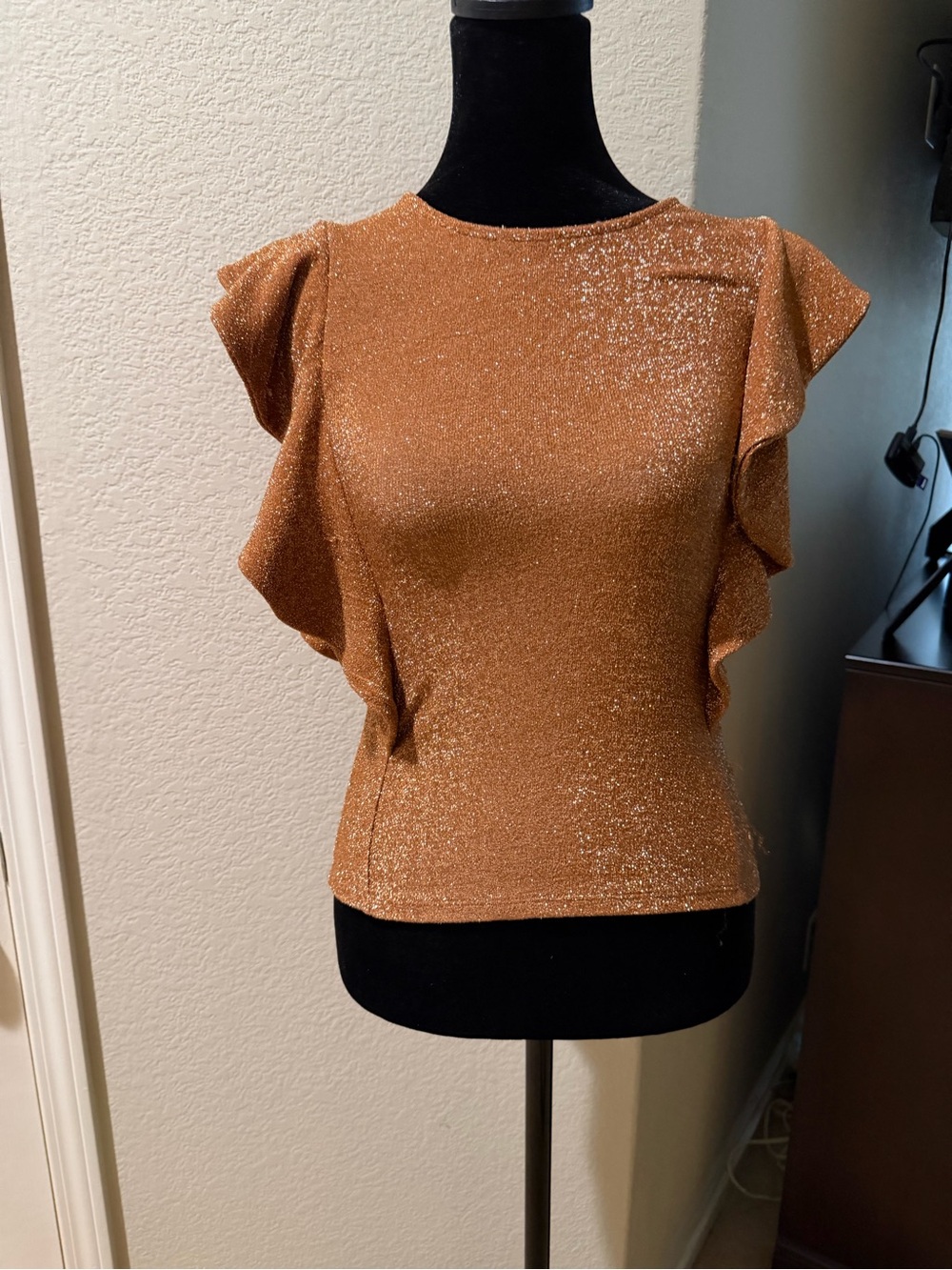 Leith Copper Sparkle Flutter Sleeve Top
